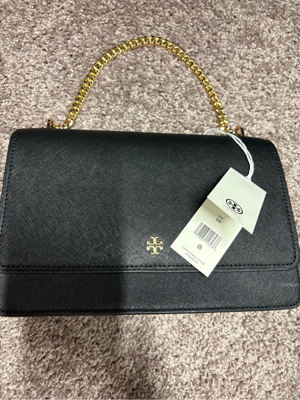 Tory Burch Black Saffiano Leather Satchel with Gold Chain Top Handle